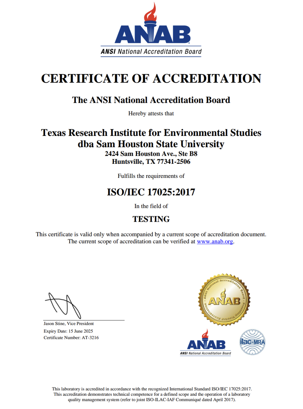 ANAB Accreditation SHSU